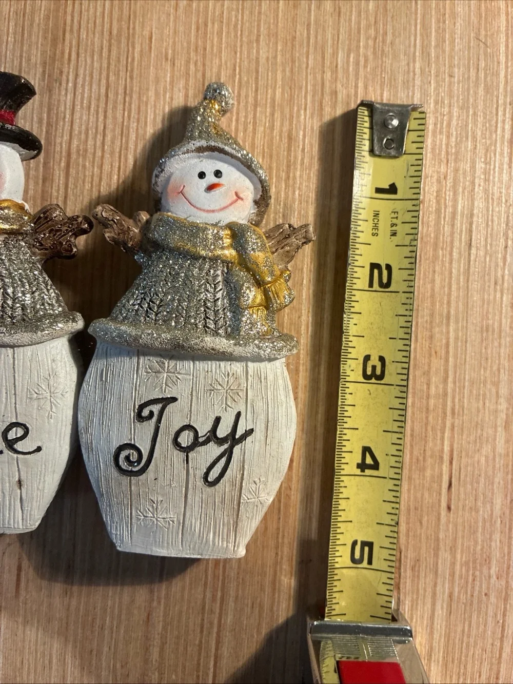 Faith Peace Joy Snowman Ornaments - White and Gold Holiday Decor Wood